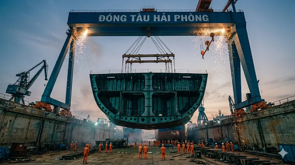 Cẩu Goliath nâng trọn tổng đoạn thân tàu